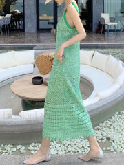 Lace Up Green Crochet Knit Maxi Dress Green / ONE SIZE Maxi Dresses