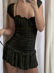 Lace Up Ruffle Halter Mini Dress Black / S Mini Dresses