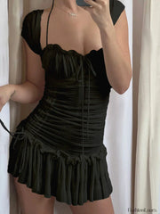 Lace Up Ruffle Halter Mini Dress Black / S Mini Dresses