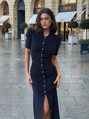 Lapel Knitted High Waist Slim Fit Work Dress
