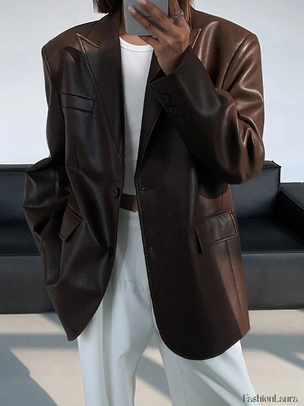 Lapel Pockets Leather Blazer Blazers