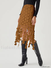 Laser Cut Multi Trendy Circle Double Layered Skirt Light Brown / XS Skirts
