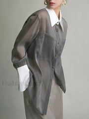 Leisure See Through Trendy Shirt With Cami Top Grey / XS Shirts