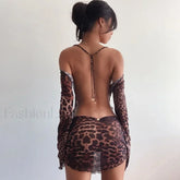 Leopard Mesh Tie Up Mini Dress Brown / S