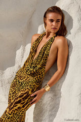 Leopard Print Pocket Collar Backless Slim Floral Dress