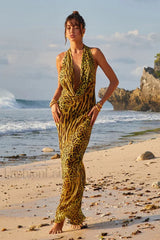 Leopard Print Pocket Collar Backless Slim Floral Dress Yellow / S