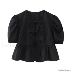 Leopard Sweet Bubble Casual Shirt Blouse Black / XS