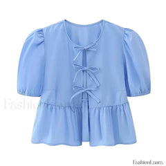 Leopard Sweet Bubble Casual Shirt Blouse Blue / XS