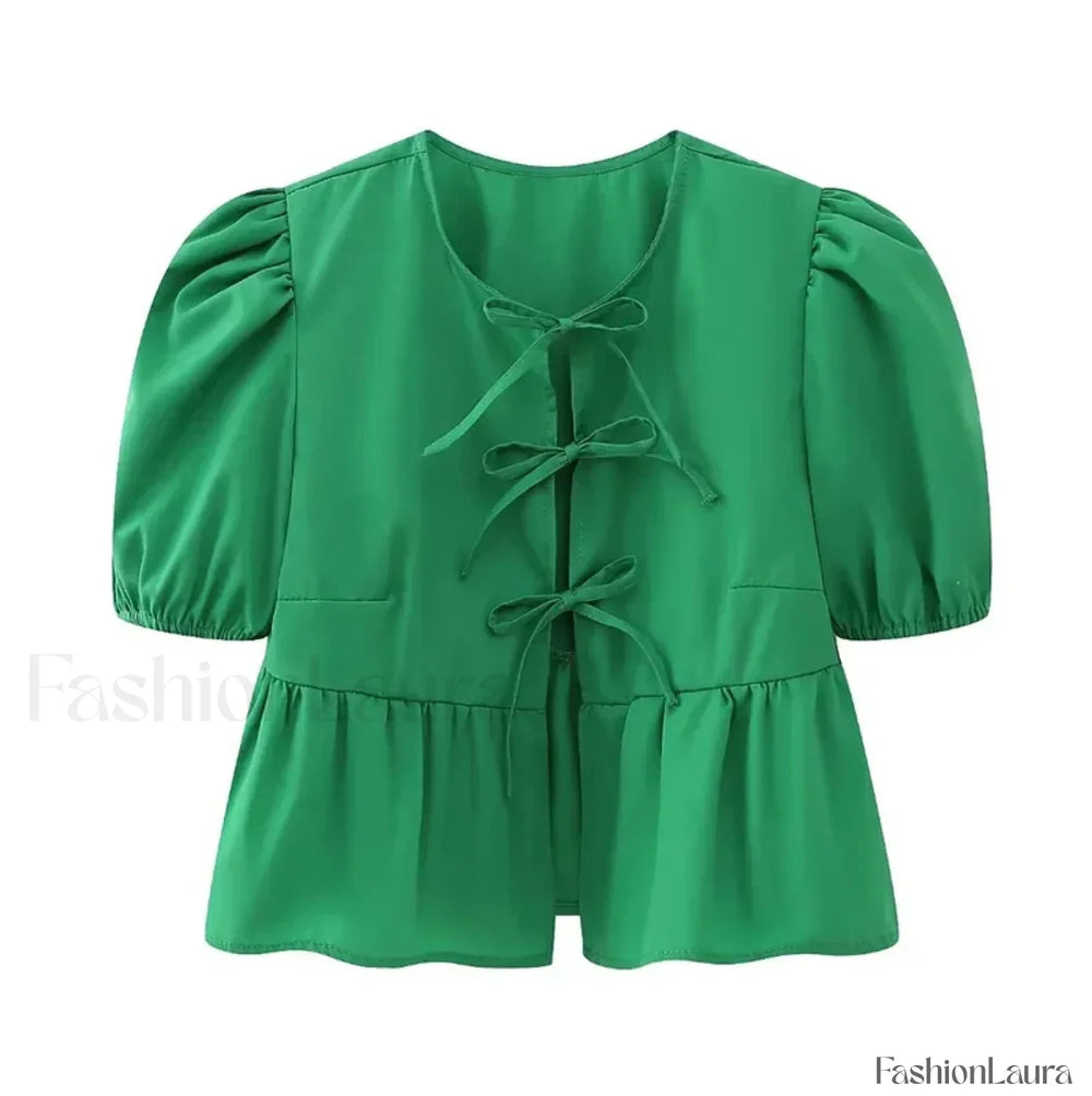 Leopard Sweet Bubble Casual Shirt Blouse Green / XS