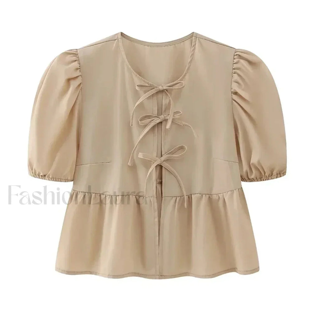 Leopard Sweet Bubble Casual Shirt Blouse Khaki / XS