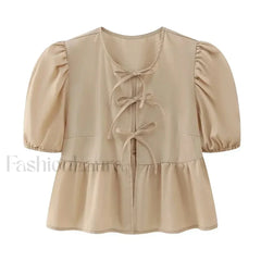 Leopard Sweet Bubble Casual Shirt Blouse Khaki / XS