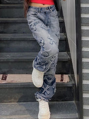 Letter Patch Faded Boyfriend Jeans Boyfriend Jeans