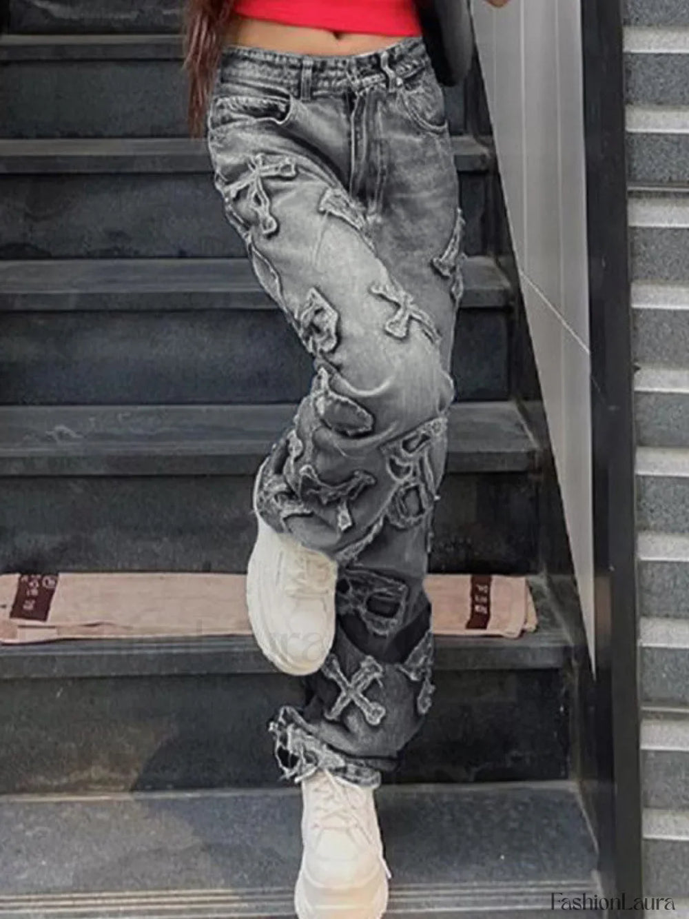 Letter Patch Faded Boyfriend Jeans Boyfriend Jeans