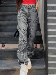 Letter Patch Faded Boyfriend Jeans Boyfriend Jeans