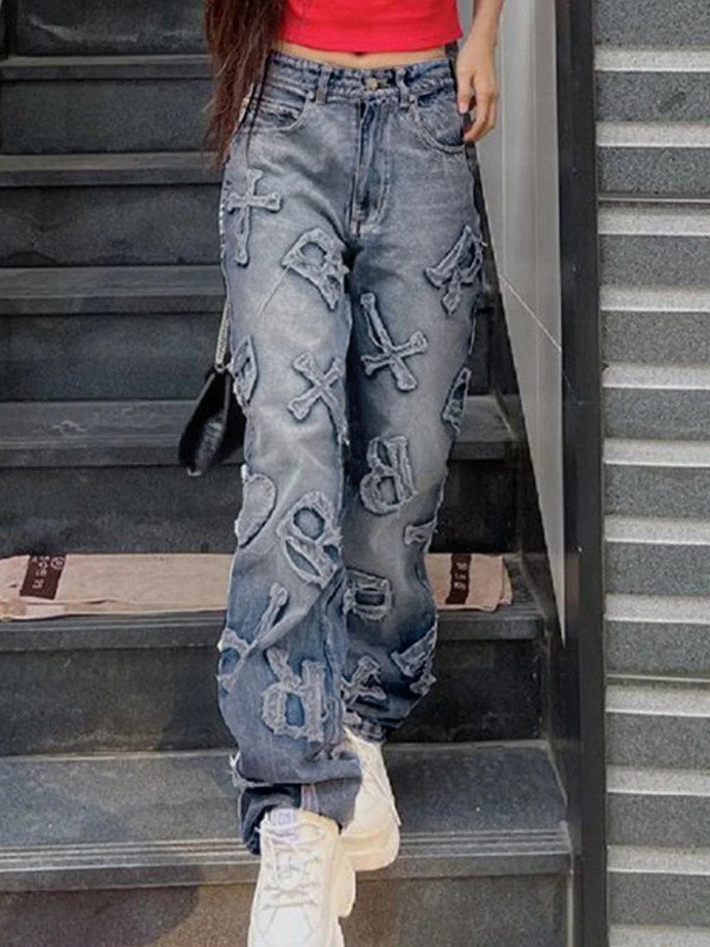 Letter Patch Faded Boyfriend Jeans Boyfriend Jeans