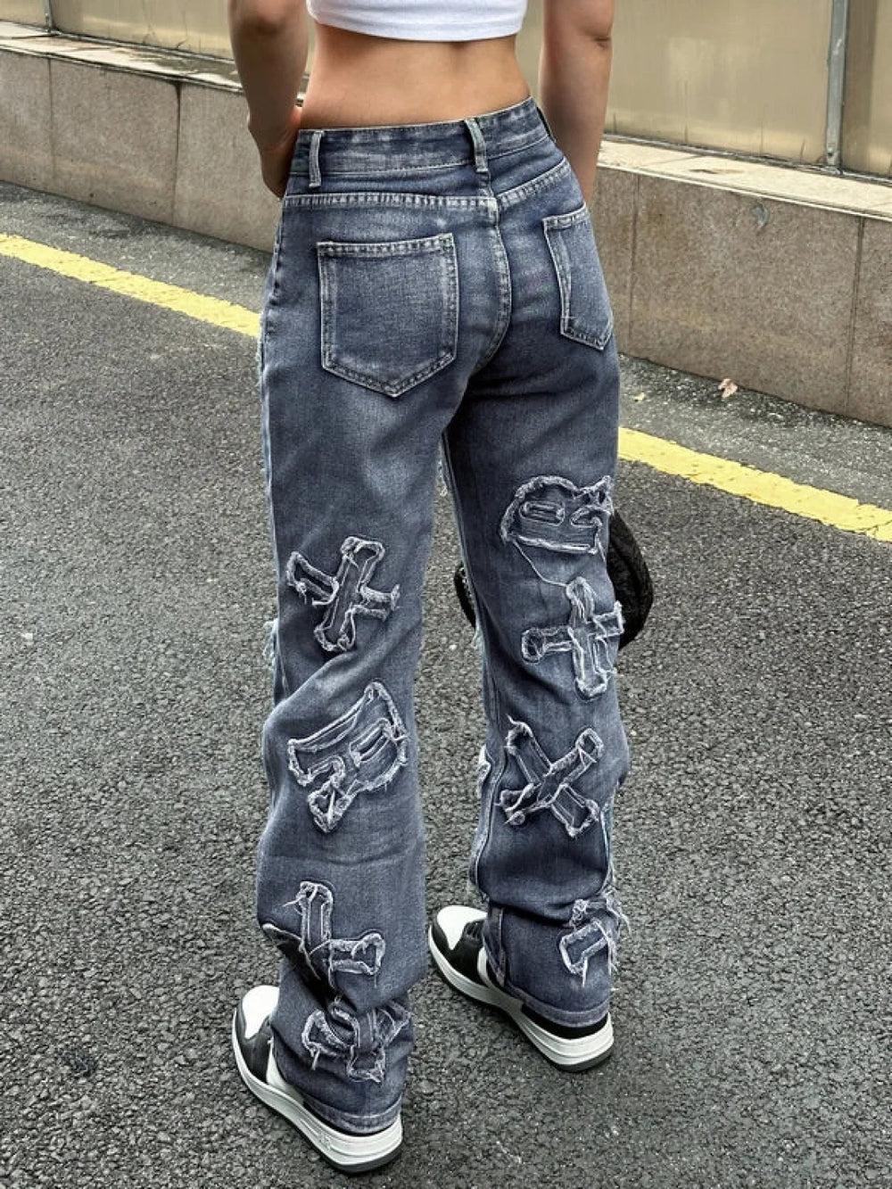 Letter Patch Faded Boyfriend Jeans Boyfriend Jeans