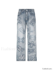 Letter Patch Faded Boyfriend Jeans Boyfriend Jeans