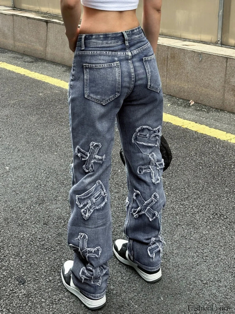 Letter Patch Faded Boyfriend Jeans Boyfriend Jeans