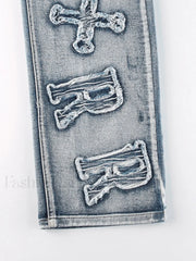 Letter Patch Faded Boyfriend Jeans Boyfriend Jeans