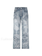 Letter Patch Faded Boyfriend Jeans Boyfriend Jeans