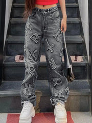 Letter Patch Faded Boyfriend Jeans Grey / S Boyfriend Jeans