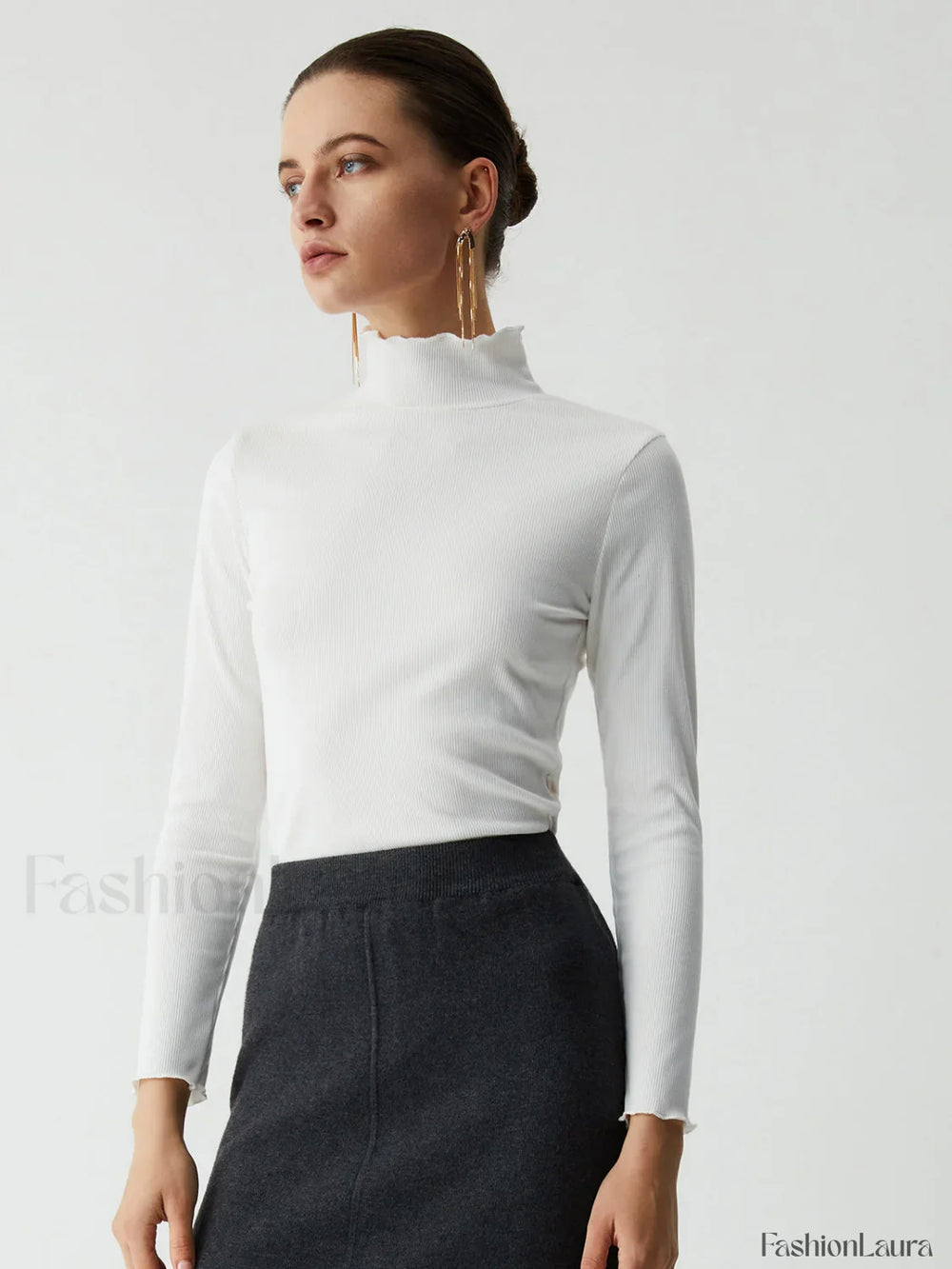 Lettuce Trim Mock Trendy Neck Long Sleeve Shirt T Shirts