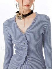 Lilac Raw Hem Trendy Long Sleeve Knit Top Sweaters L