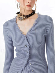 Lilac Raw Hem Trendy Long Sleeve Knit Top Sweaters L