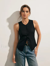 Linen Blends Button Up Tank Top Black / XS Tank Tops & Camis