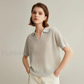 Linen Silk Polo Pullover Summer T Shirt Light gray / S