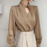 Long French Soft Elegant Simple Hollow Out Blouse Khaki / S