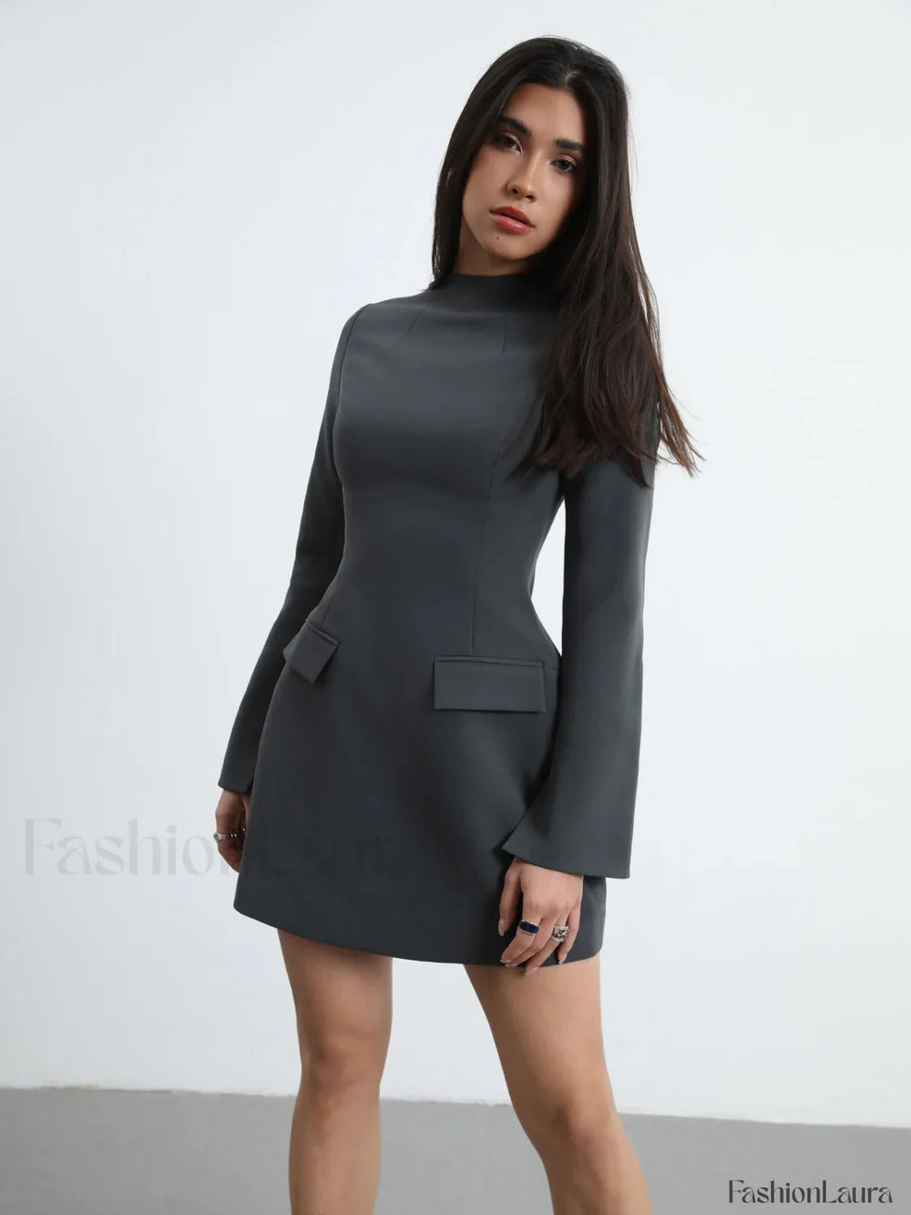 Long Sleeve Pocket Trendy Decor Short Dress Grey / XS Dresses