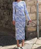 Long Sleeve Printed Midi Dress Blue / S