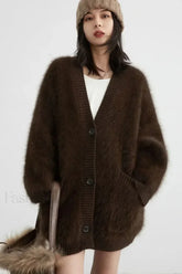 Loose Fit Rabbit Hair Knit Cardigan Coffee / S