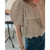 Loose Hollow out Crocheted Puff Short Sweater Blouse