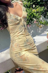 Low Cut Ruffled Cami Vacation Maxi Dress