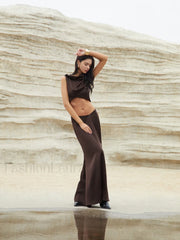 Maillard Asymmetric Graceful Pleaded Sleeveless Blouse Blouses