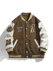 Men’s Embroidery Button Up Varsity Jacket Brown / M Jackets