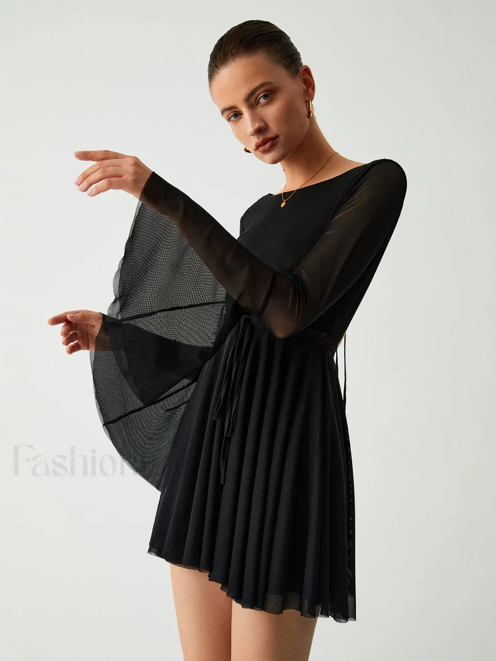 Mesh Flare Sleeve Trendy Open Back Short Dress Dresses