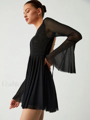 Mesh Flare Sleeve Trendy Open Back Short Dress Dresses