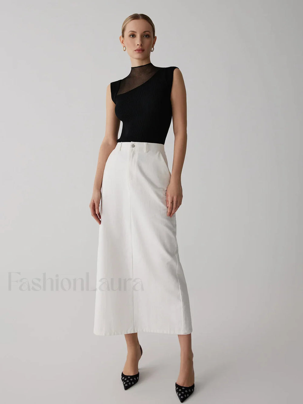 Mesh Patchwork Graceful Sleeveless Top Sweaters L