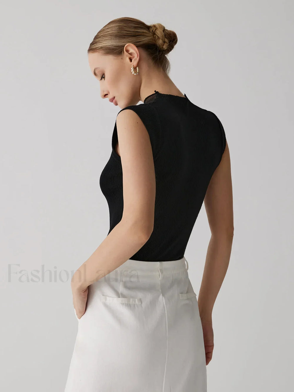 Mesh Patchwork Graceful Sleeveless Top Sweaters L