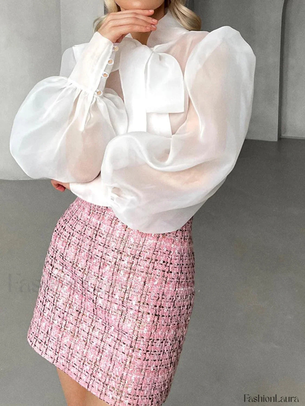 Mesh Puff Graceful Sleeve Knot Front Shirt White / L Shirts