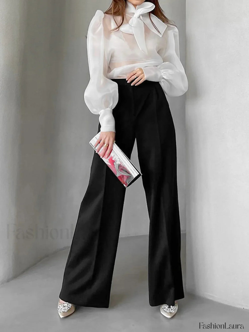 Mesh Puff Graceful Sleeve Knot Front Shirt White / S Shirts