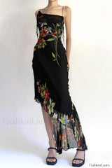 Mesh Stitching Irregular Pleated Plant Print Maxi Dress