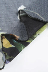 Mesh Stitching Irregular Pleated Plant Print Maxi Dress