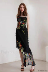 Mesh Stitching Irregular Pleated Plant Print Maxi Dress