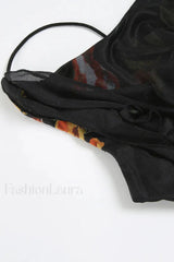 Mesh Stitching Irregular Pleated Plant Print Maxi Dress