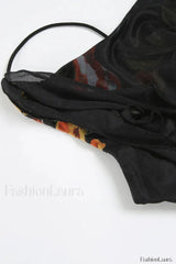 Mesh Stitching Irregular Pleated Plant Print Maxi Dress