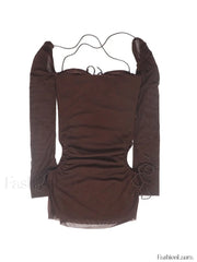 Mesh Tie Strap Halter Long Sleeve Mini Dress Mini Dresses